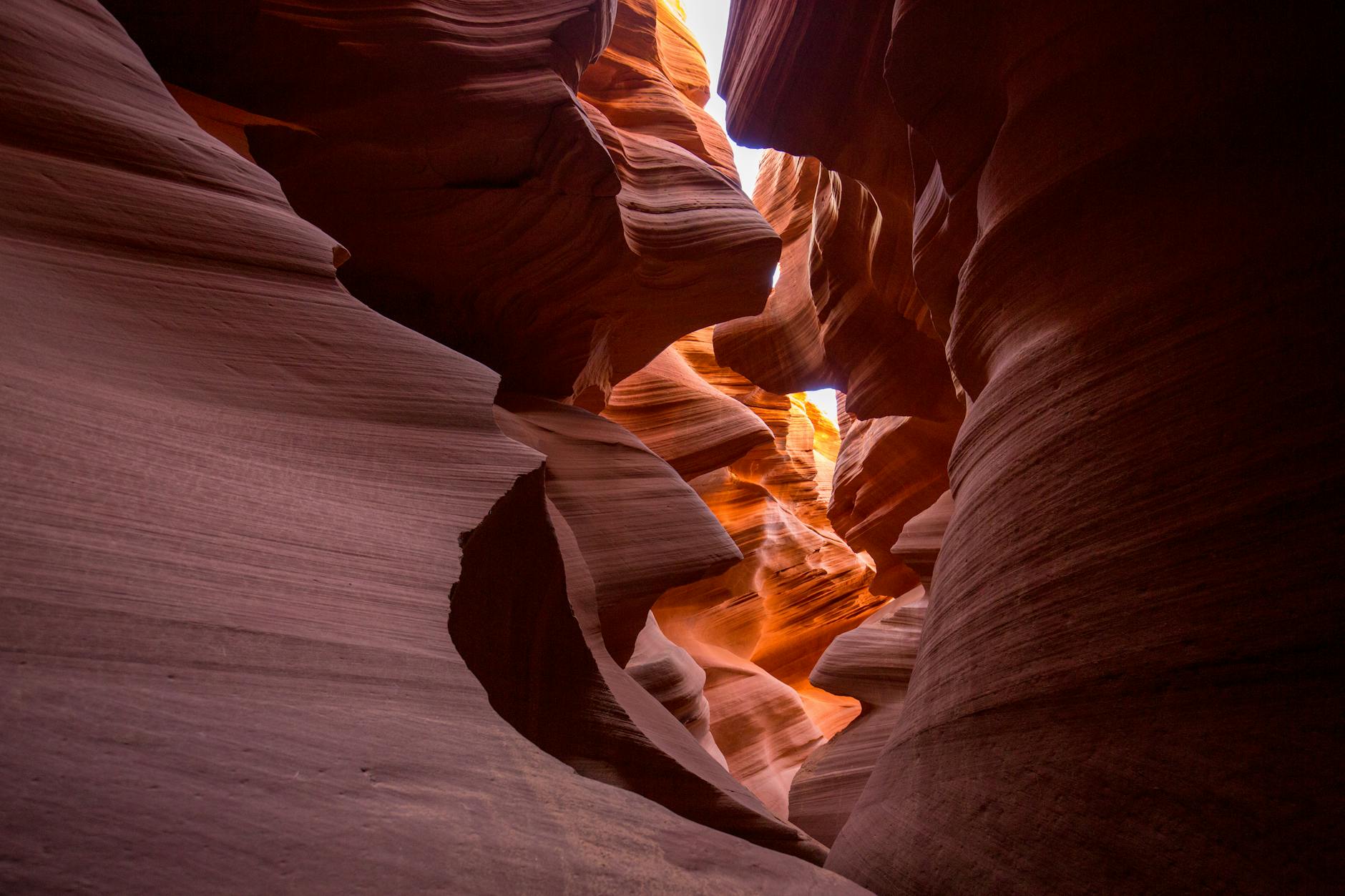 Wąski kanion z pomarańczowymi warstwami piaskowca oświetlonymi słońcem